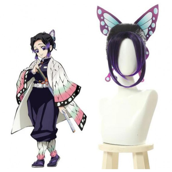 Demon Slayer Kochou Shinobu Short Purple Gradient Color Cosplay Wigs